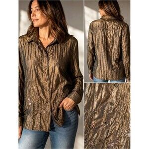 Vintage Lana Lee Metallic Bronze Crinkled Embroidered Beaded Blouse. Medium